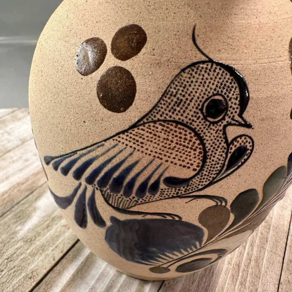 Mexican Folk Art Floral Vase Bird Sandstone Vintage Pottery Handcrafted Painted